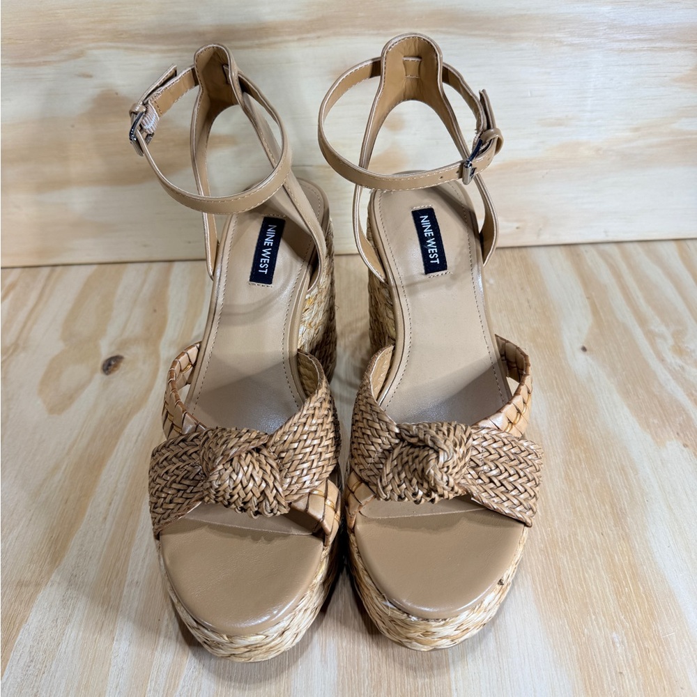 Nine West Beige Braided Rope Wedge Sandals with Ankle Strap - Picture 2 of 12